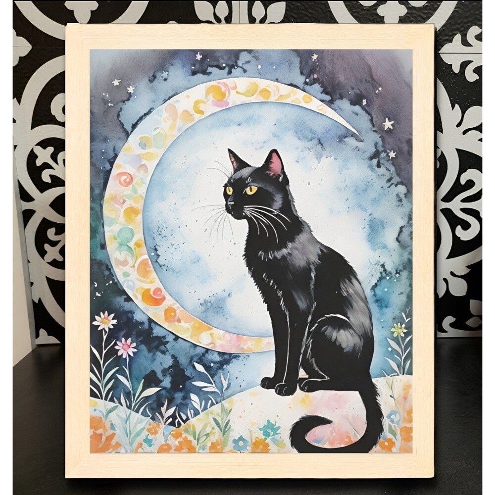 Framed Black Cat Moon Flowers Print